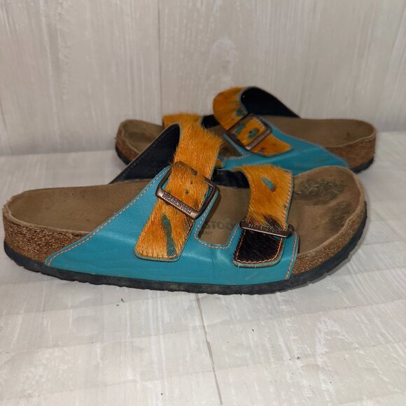 Birkenstock Arizona Sandals Blue Leather Orange Haircalf Fur Cork Footbed - Picture 1 of 8